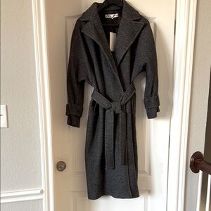 New Zara Manteco Tweed Wool Black Grey Trench Coat Jacket S